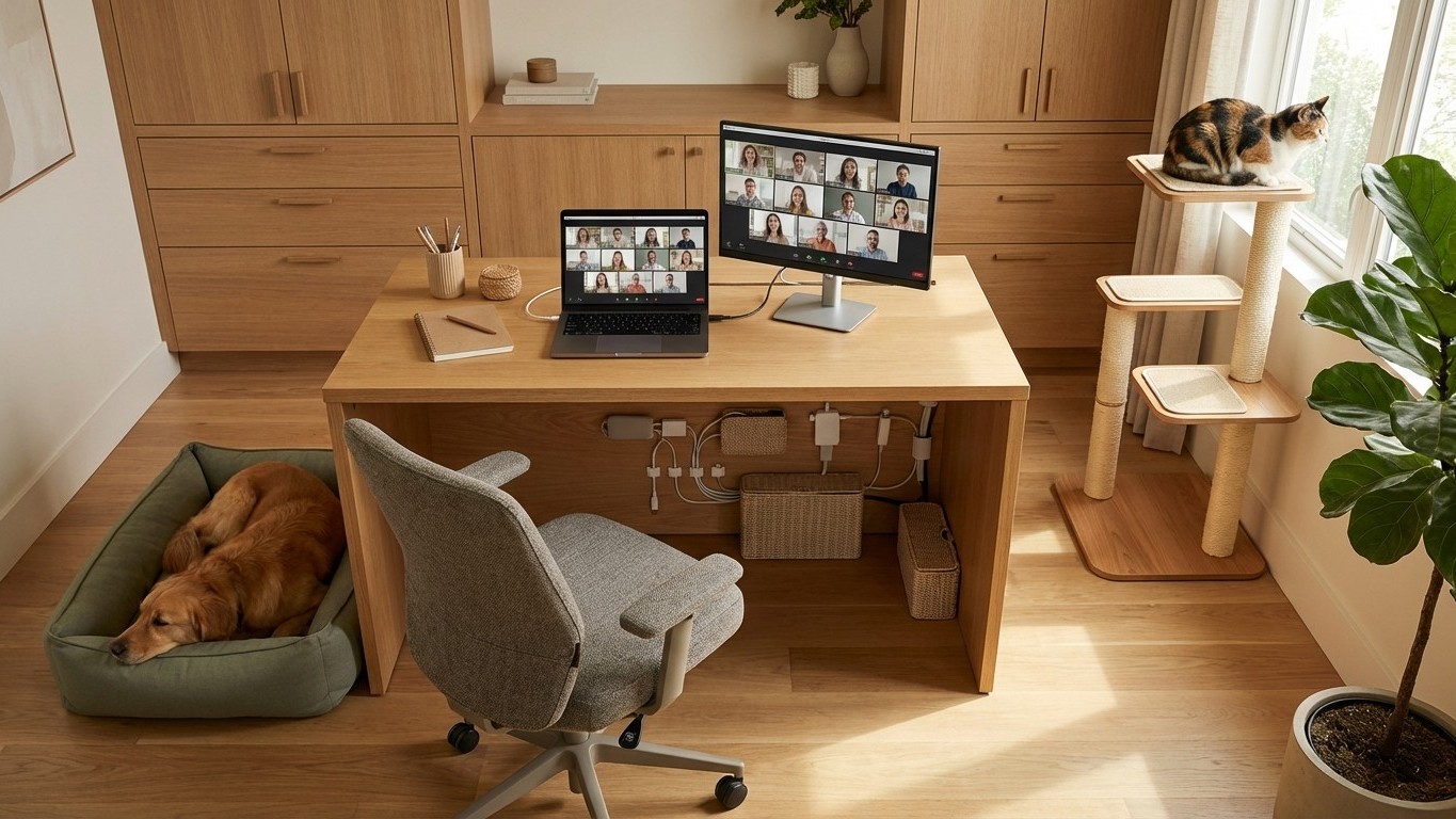 Bureau à la maison pet-friendly : câbles, chaise, rangement et routines anti-interruption