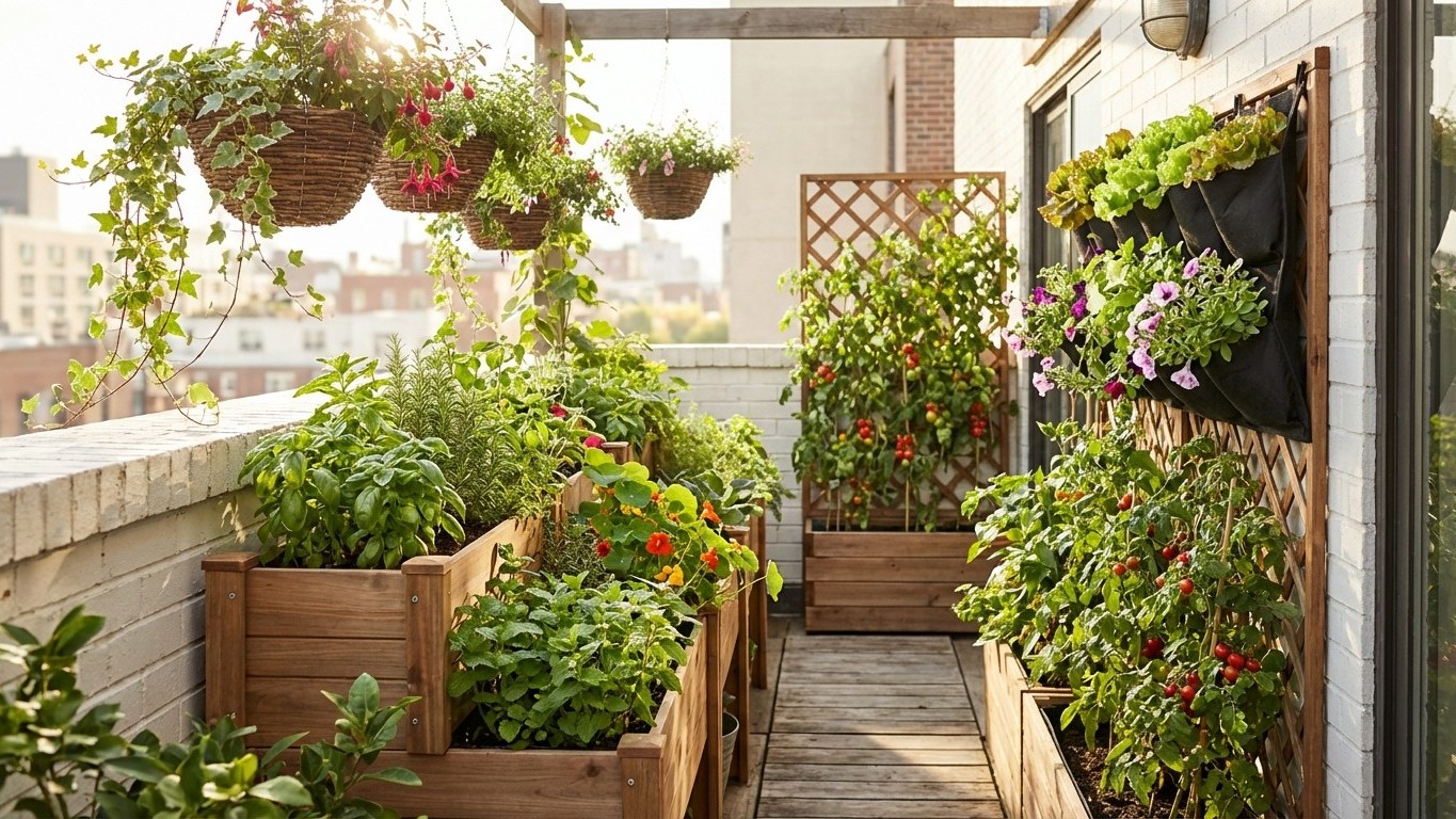Gagner de la place sur un balcon : jardinage vertical, suspensions et agencements