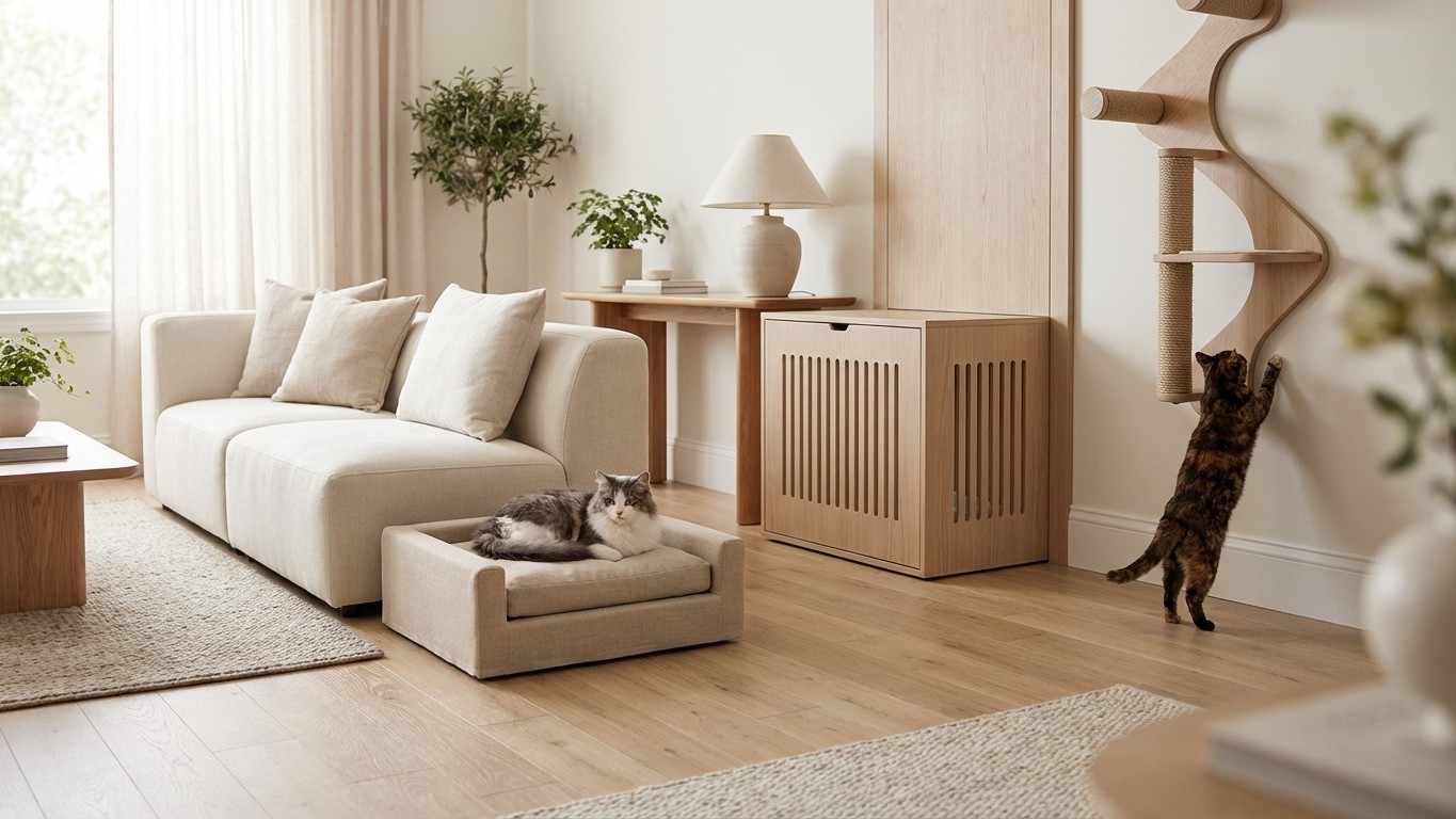 Solutions intégrées & DIY : intégrer litière, couchages et griffoirs dans le design de la maison
