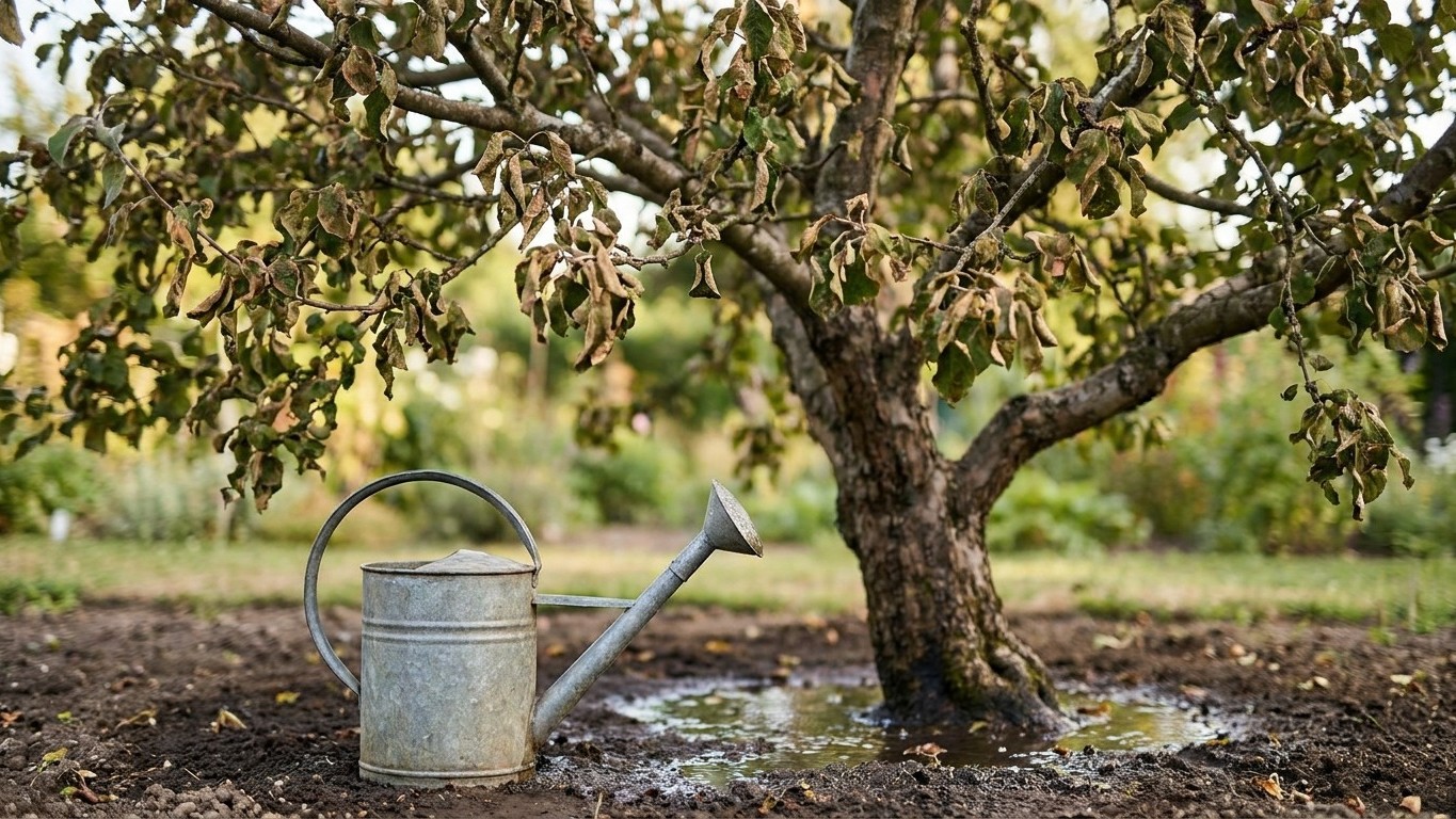I emptied a full watering can against my apple tree's trunk every evening: the day I dug at the edge of the branches, I un...