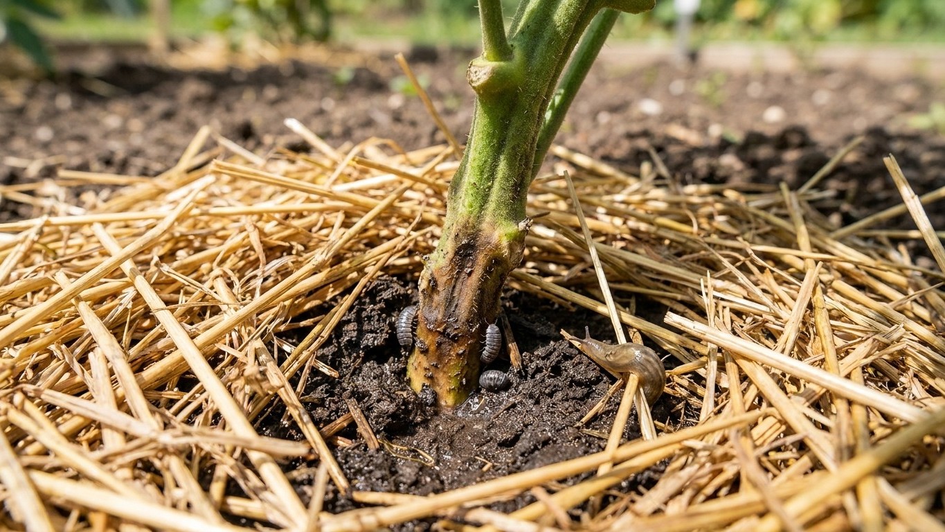 I used to pile straw right up to the stem of my tomatoes to keep the soil damp: when I pulled the mulch back a month later...