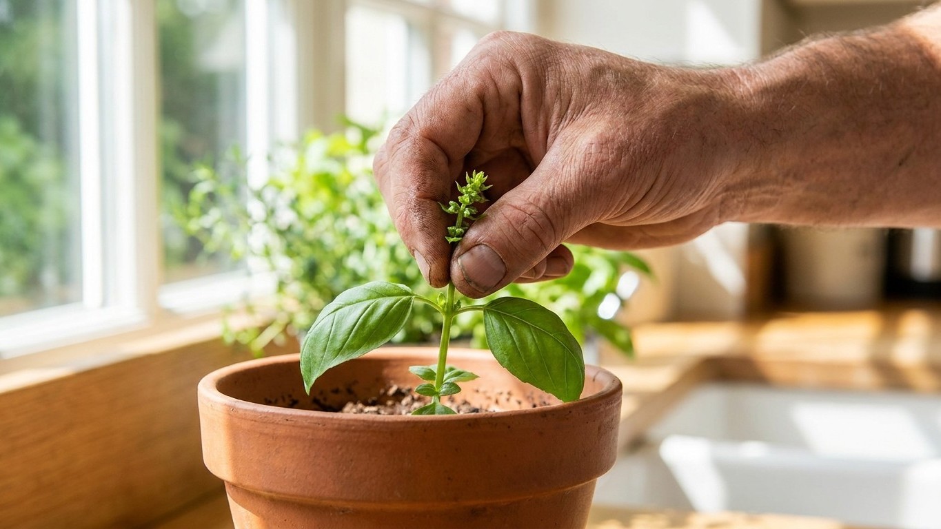 We all keep watering basil that's flowering in July: this two-second pinch on the stems is what actually restarts the plant