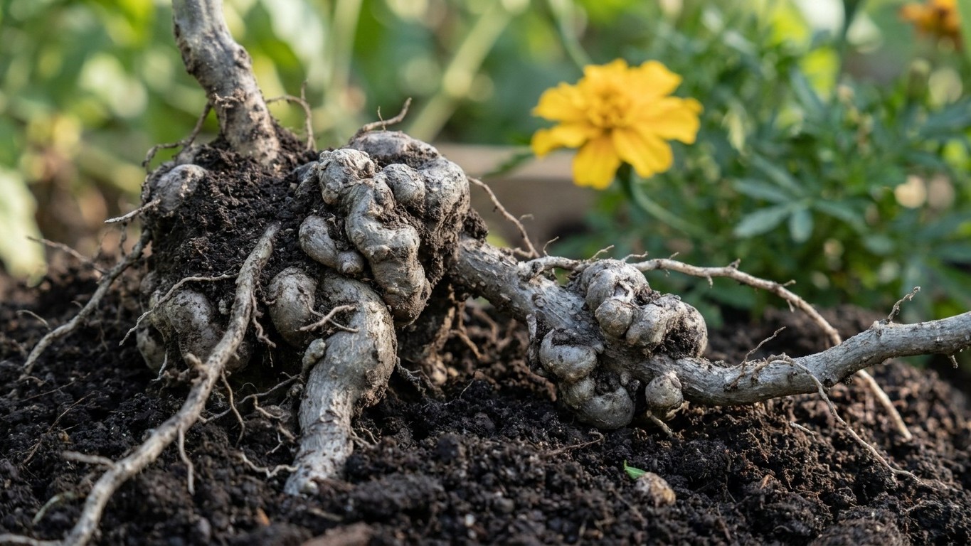 I dotted two marigolds at the end of each tomato row just to keep the soil clean: when I lifted the first roots in autumn,...