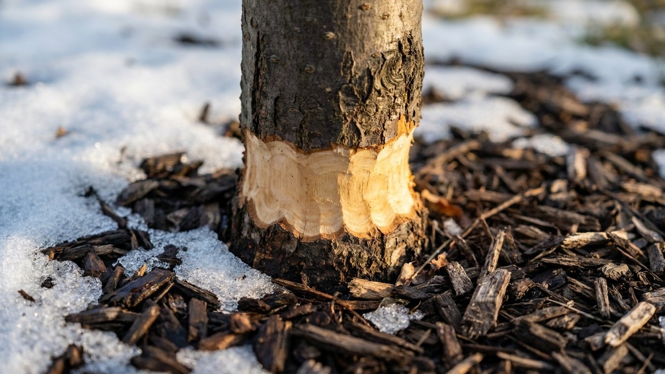 I heaped bark mulch right up against my young apple trunks just to keep the weeds down: when the snow pulled back in March...