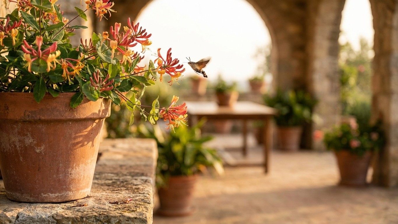 I lined up three potted honeysuckles around my terrace just to keep the mosquitoes off: the first warm evening, I saw what...