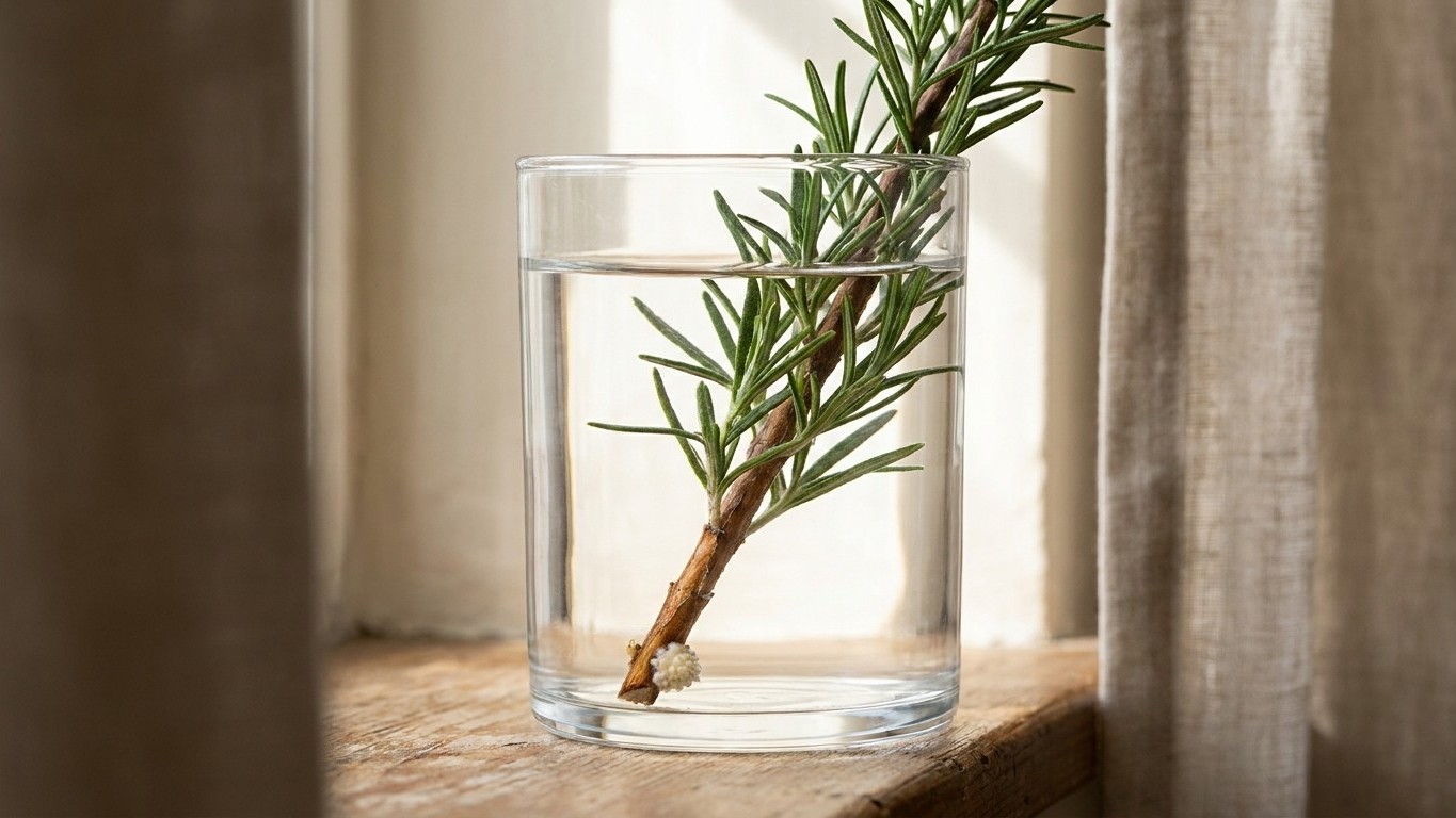 I stood my rosemary cuttings in a glass of water like I do with mint: the day I lifted one out, I saw what had formed at t...