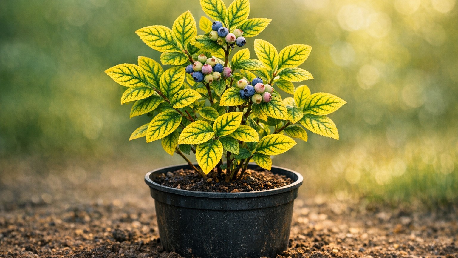 I watered my potted blueberries from the tap all summer just to keep them going: by August, what was yellowing between the...